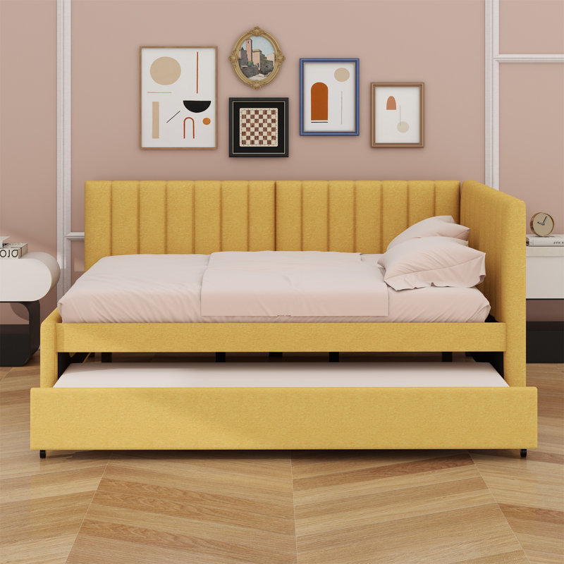 Upholstered Daybed With Trundle Sofa Bed Frame, Yellow