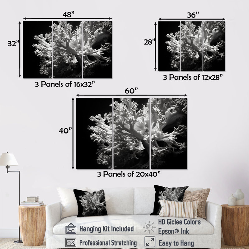 Ensemble de décorations murales noir et blanc Anemone Reef III - Corail sous l'eau, Toile tendue, H 28 po x l 36 po x P 1 po