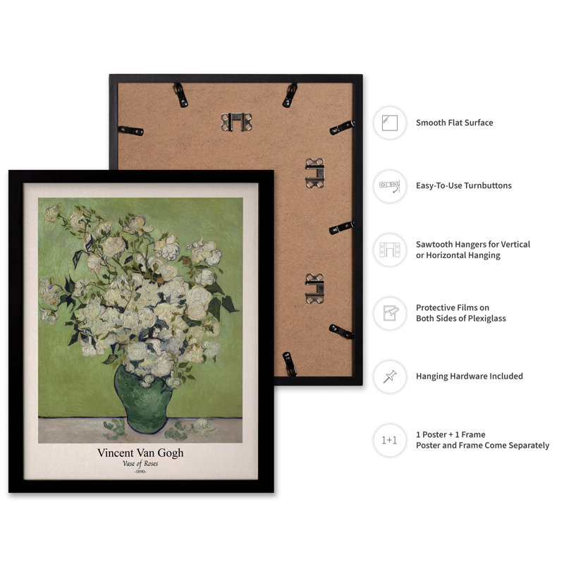 Van Gogh - Vase de roses, Cadre noir, Affiche, H 16 po x l 20 po