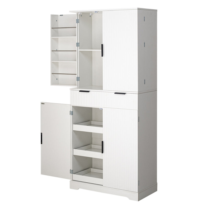 72" Fluted Kitchen Pantry Cabinet With 3 Keyboard Drawers & 6 Door Shelves Adjustable, White