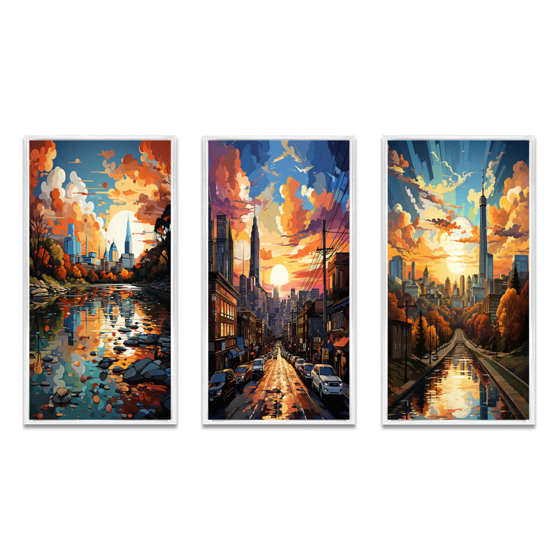 «City Austin Popart», 3 pièces sur toile, Cadre blanc, H 20 po x l 36 po