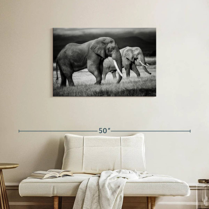 Grazing Kenyan Elephants, 24" H x 36" W