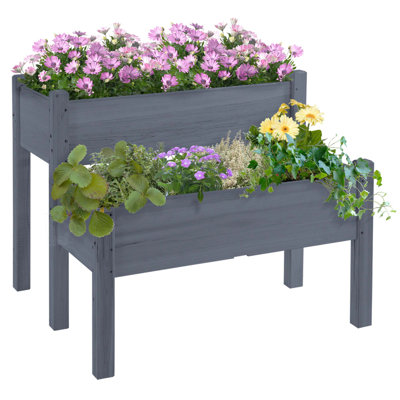 Outsunny 34"X34"X28" Raised Garden Bed, 2-Tier Elevated Wood Planter Box For Backyard, Patio To Grow Vegetables, Herbs, And Flowers