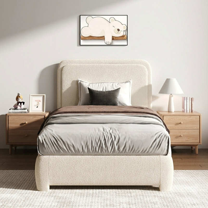 Lit plateforme tapissier Bensu Boucle, Lit simple, Crème