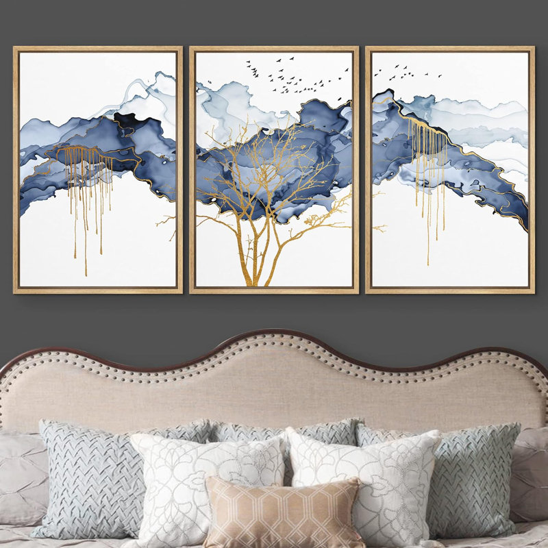 Abstrait, paysage abstrait, peinture pastel bleue, nuage, oiseaux, arbre d'or, illustrations abstraites, art moderne, paysage rustique