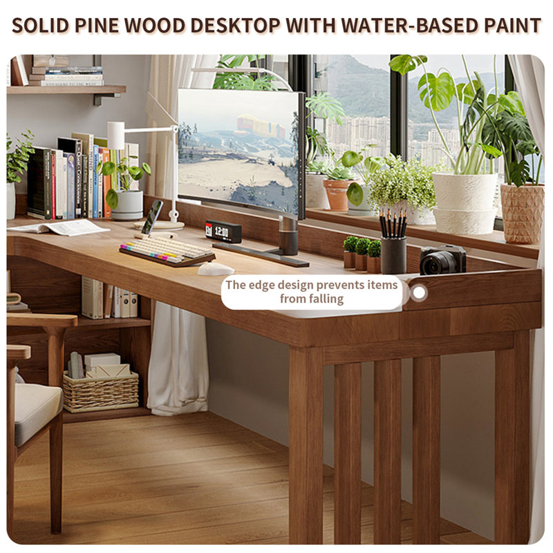 Modern L-Shaped Solid Wood Desk with Bookshelf, 31.42" H x 78.74" W x 55.11" D, Left