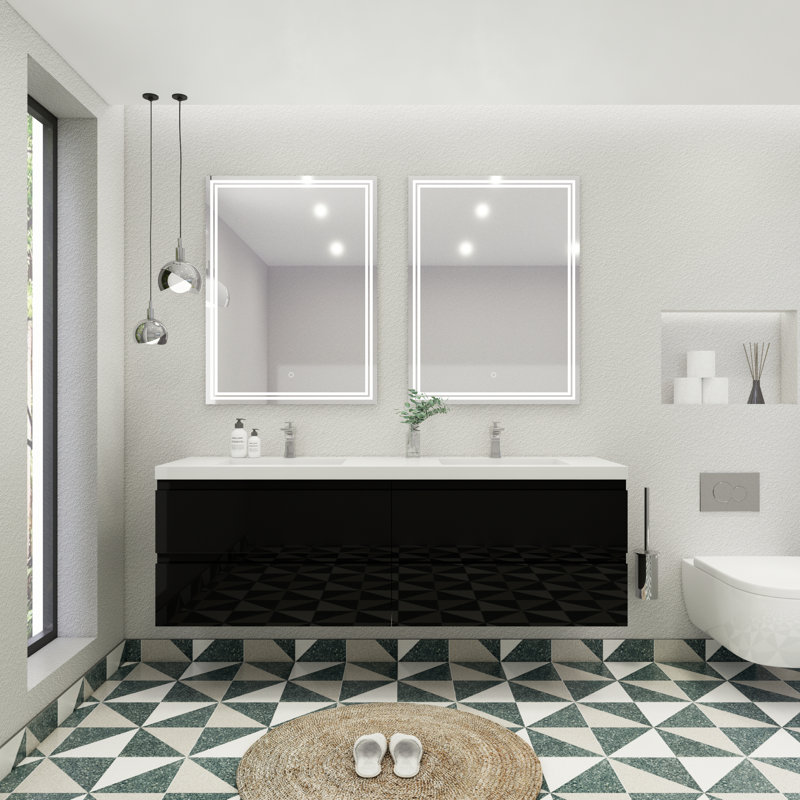Aylanna 72" Wall-Mounted Double Bathroom Vanity Set, High Gloss Black