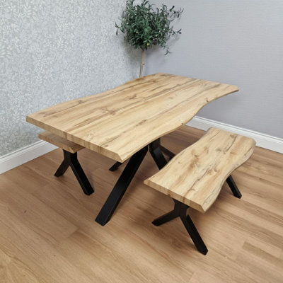 Wooden Dining Table and 2 Benches Set with X-Shaped Iron Legs, Curved Edge(75cm)