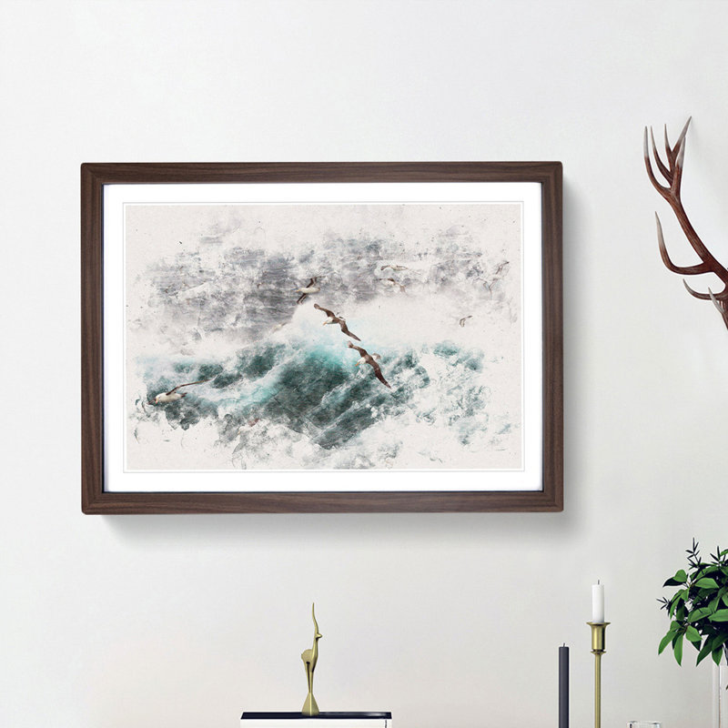 Seagulls Above the Ocean - Picture Frame Painting Print, Walnut Framed, 62cm H x 87cm W x 2cm D