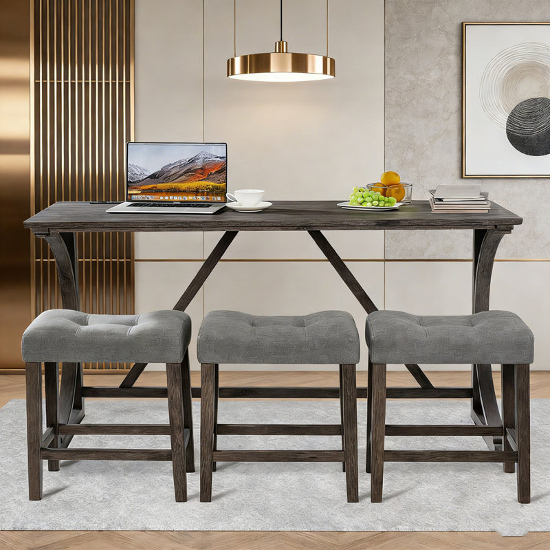 Ensemble de table de bar 4 pièces avec prise de courant et 3 tabourets rembourrés, Gris foncé