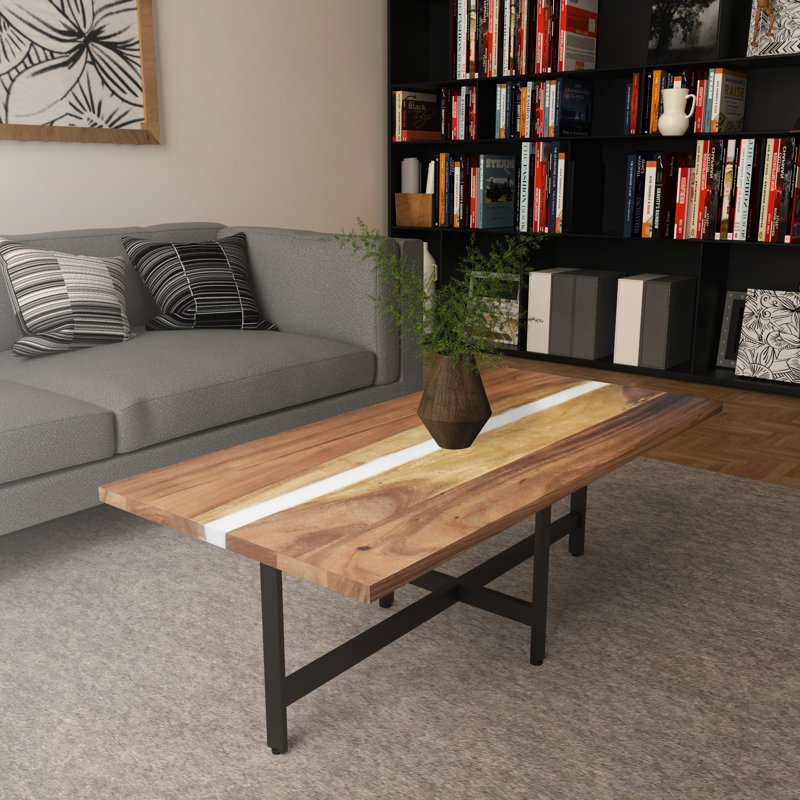 Medium Acacia Wood and White Resin Coffee Table with Iron Base