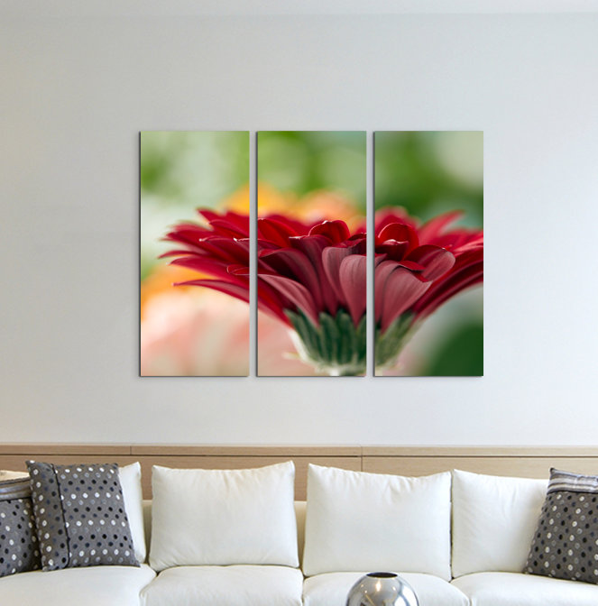 3-tlg. Leinwandbilder-Set Rote Blumen mit orangem Hintergrund