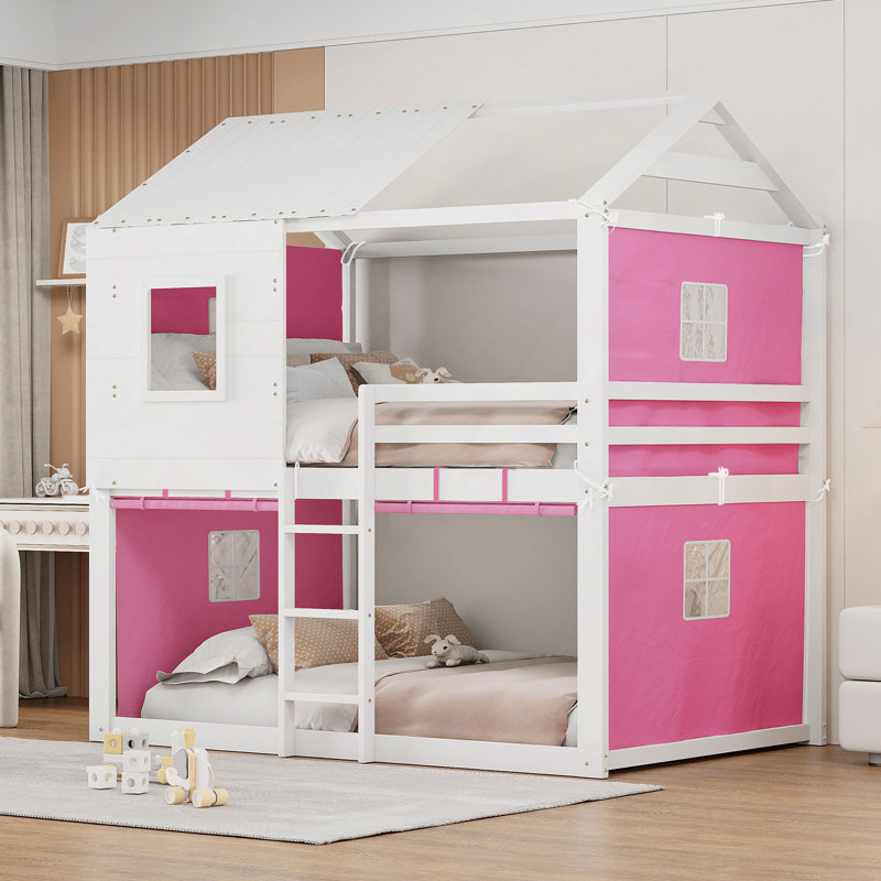 Lit superposé en bois avec tente, Rose