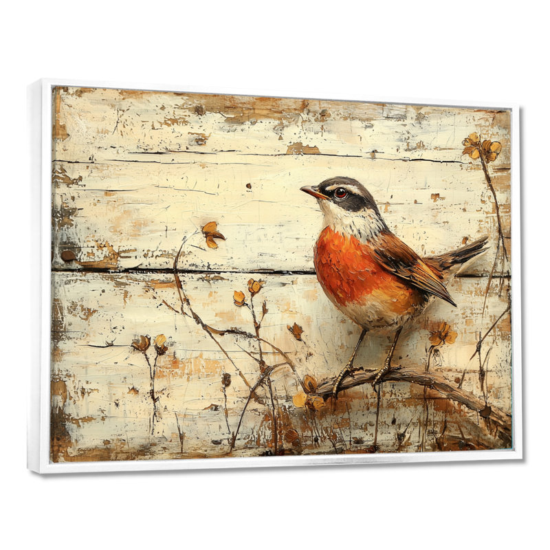 «Robin Bird» par The Farm II - oiseau, art mural sur toile, H 24 po x l 32 po, Cadre flottant, Blanc