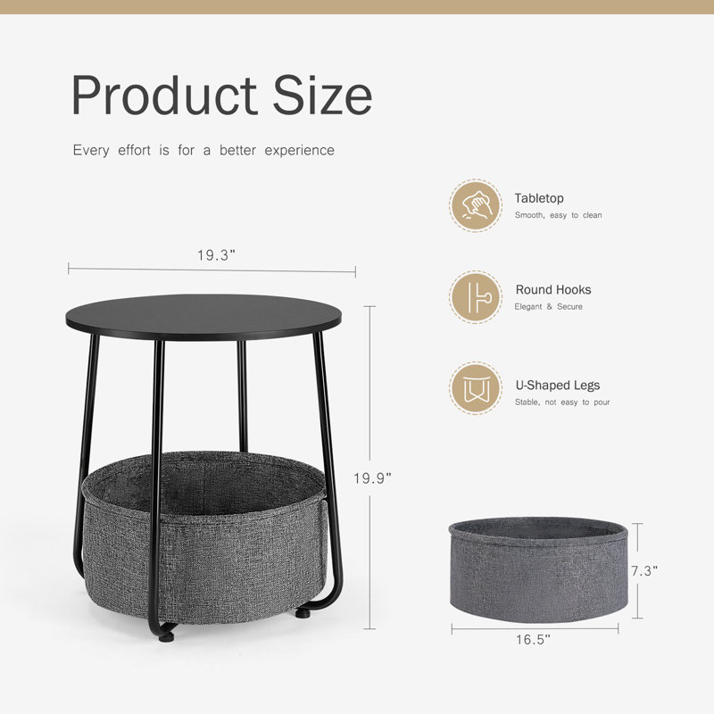 Table de chevet avec panier en tissu pour chambre à coucher Modern, Gris