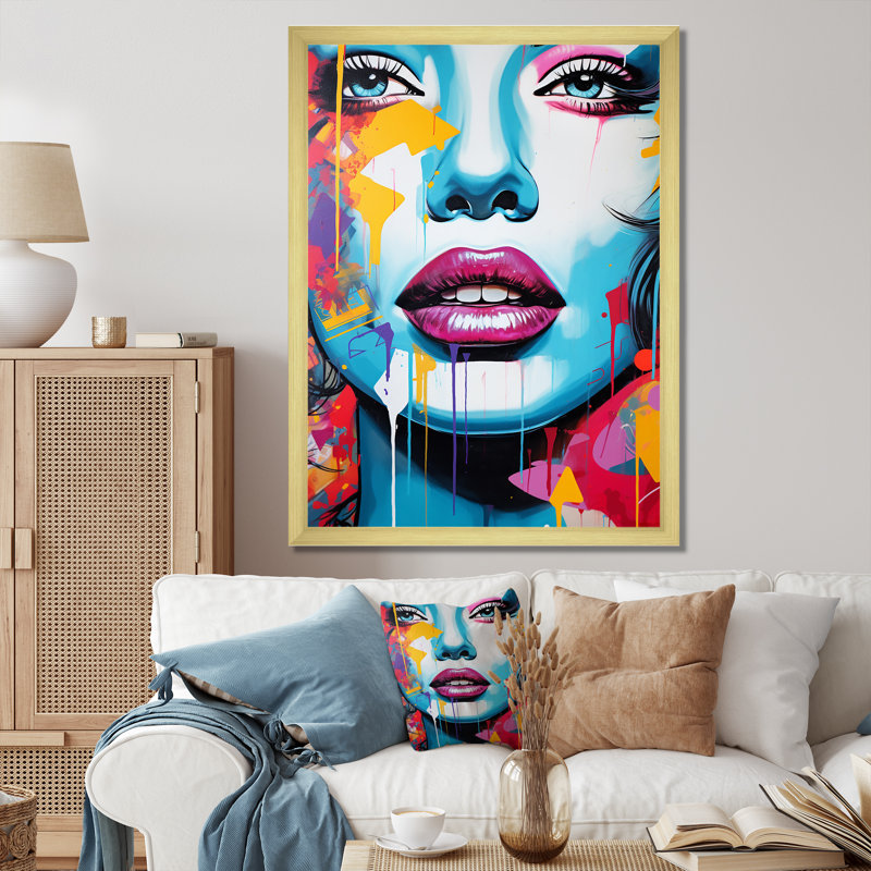Pop Art bleu et orange, portrait de femme I - impressions d'art moderne, H 32 po x l 16 po x P 1 po, Encadrement doré