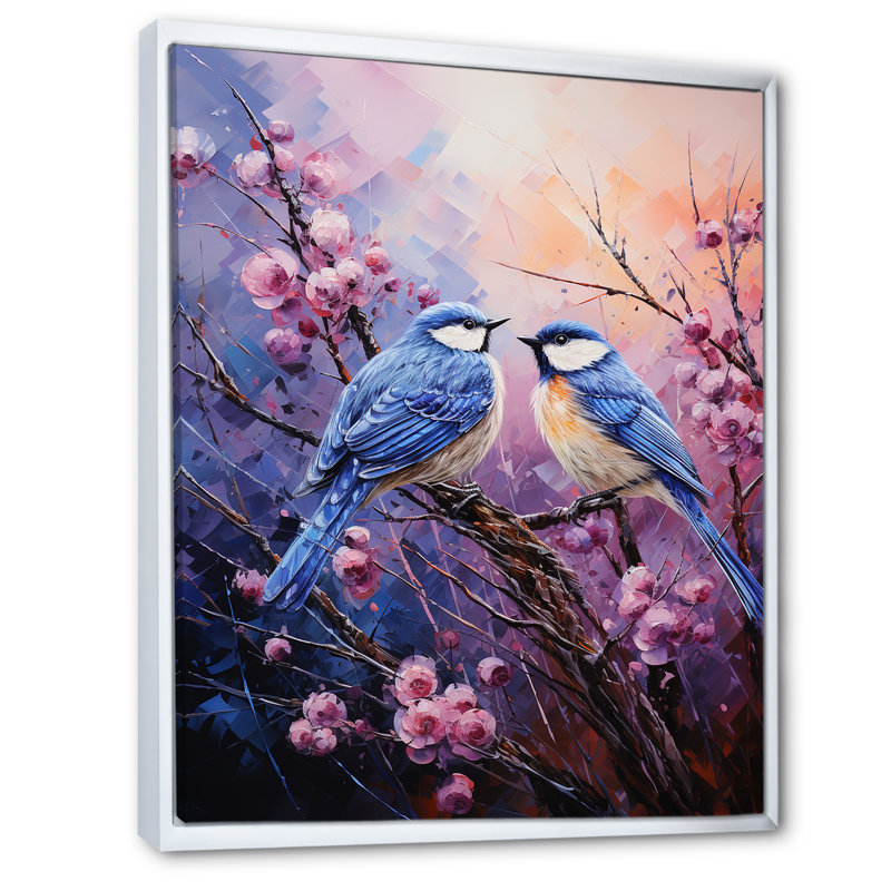 Impression sur toile - Chardon mauve et oiseaux bleus, Cadre flottant blanc, H 20 po x l 12 po x P 1 po