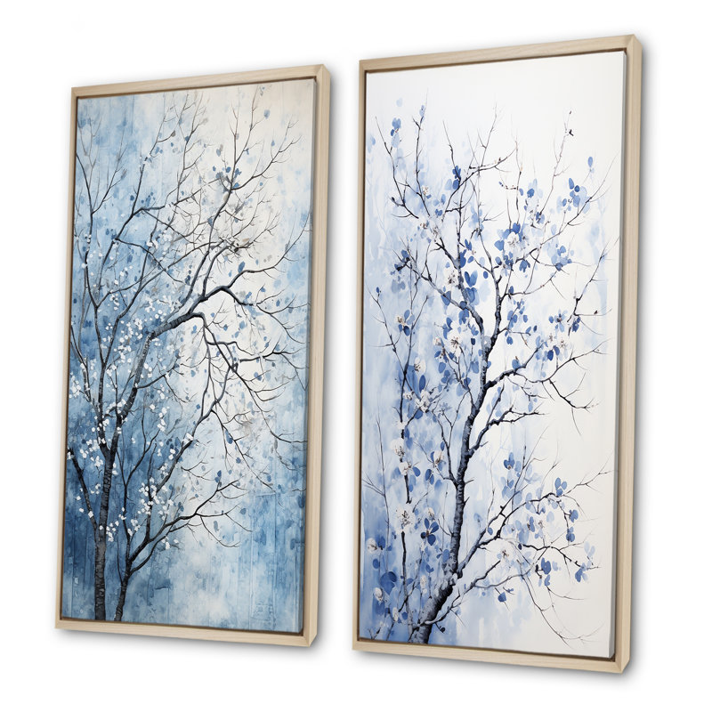 Arbre bleu et blanc Blooms In Winter I - ensemble de 2 décorations murales, H 40 po x l 41 po, Cadre flottant brun