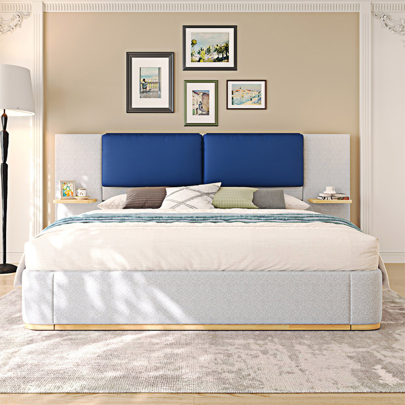 Upholstered Platm Bed With Panel, Gray/Blue, Queen