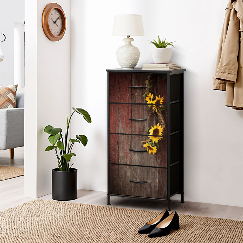 Commode 4 tiroirs pour chambre à coucher, commode étroite, plateau en bois et structure en fer de travail 18 po x 37,5 po - (l x H)