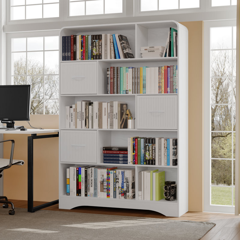 Bookshelf with Storage 3 Bins,70" Tall Bookcase,Arched 5-Tier Open Bookshelves and Bookcases,Farmhouse Wooden Billy Bookcase Display Rack for Bedroom, Living Room, Office,Grey