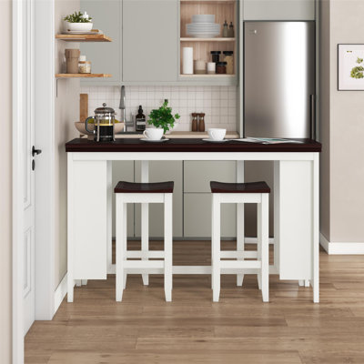 Traneshia 3 Piece Counter Height Drop-Leaf Dining Table and Chairs Set, Walnut/White