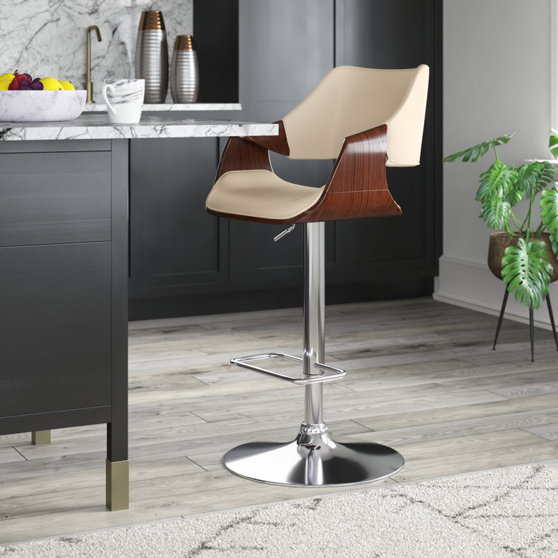 Afshar Swivel Adjustable Height Bar Stool with Pedestal Base in Faux Leather, Wood and Iron, Chrome, Creme Faux Leather