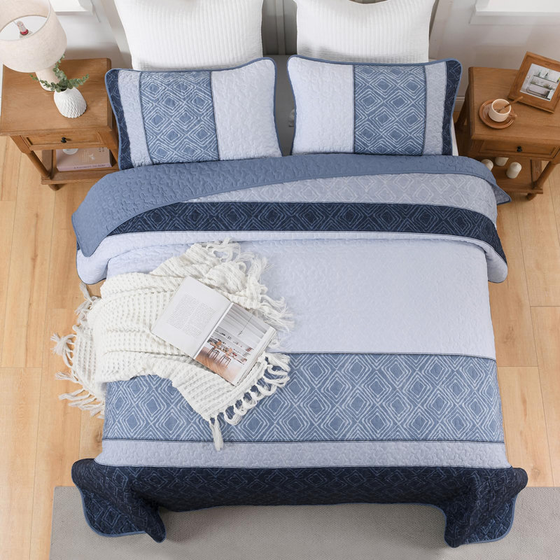 3-Piece Striped Plaid Boho Quilt Set Soft Microfiber Bedding Set, Queen Quilt + 2 Pillowcases, Mineral Blue
