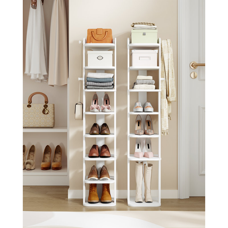 Vertical Shoe Rack, 8 Tier Narrow Shoe Rack For Small Space, Wooden Shoes Organizer With Hooks, Adjustable Slim Shoes Tower for Entryway, Living Room, Bedroom, White 