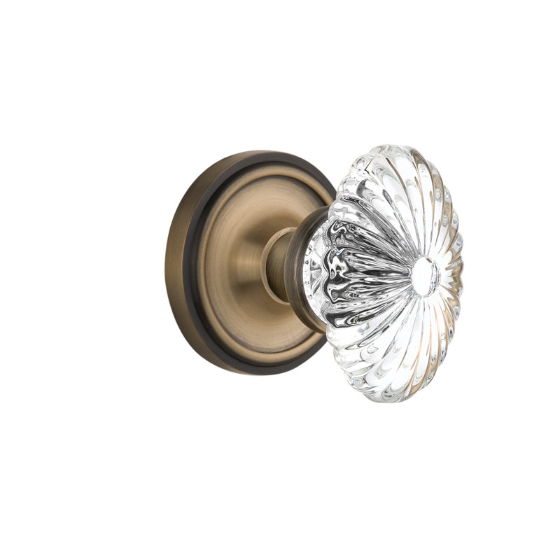 Classic Rosette with Oval Fluted Crystal Door Knob, Antique Brass, 2.375"