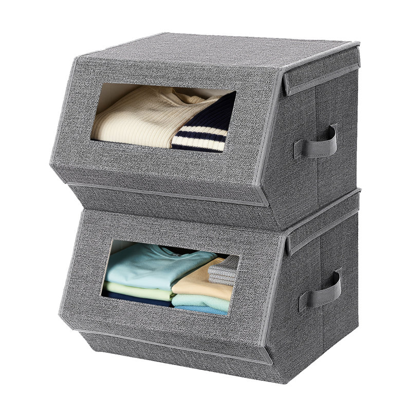 Set Of 2 Foldable Fabric Organiser Boxes, Stackable Storage Bins With Lid And Handles, For Clothing, Metal Frame, Dark Gray