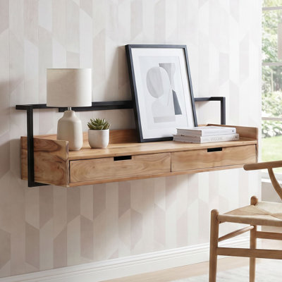 Wall-Mounted Acacia Solid Wood Desk with 2 Drawers