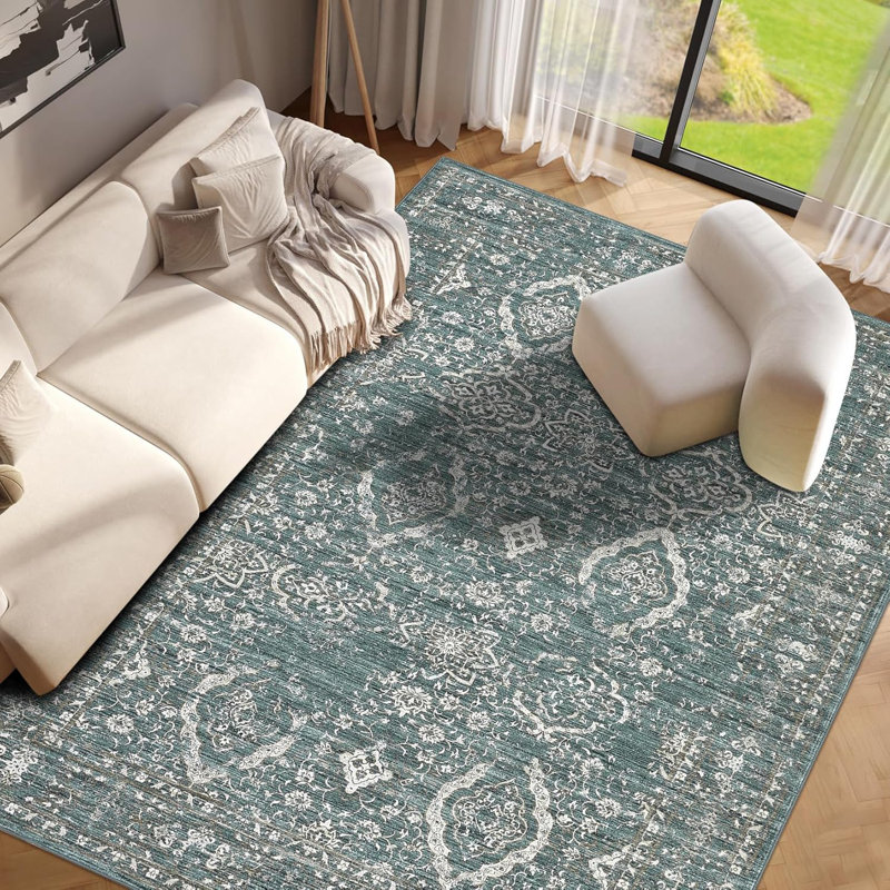 Washable 2x6 Runner Rug Vintage Hallway Retro Accent Floral Print Distressed Non-Slip Low Pile Kitchen Laundry Bathroom Bedroom Blue