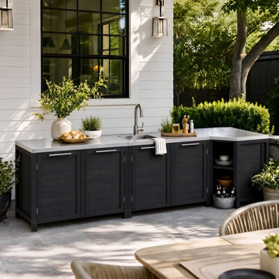 137.8" W Outdoor Kitchen Island with Sink Cutout, Large Patio BBQ Cabinet with Storage Shelves, Wood Grain Outdoor Bar Cabinet