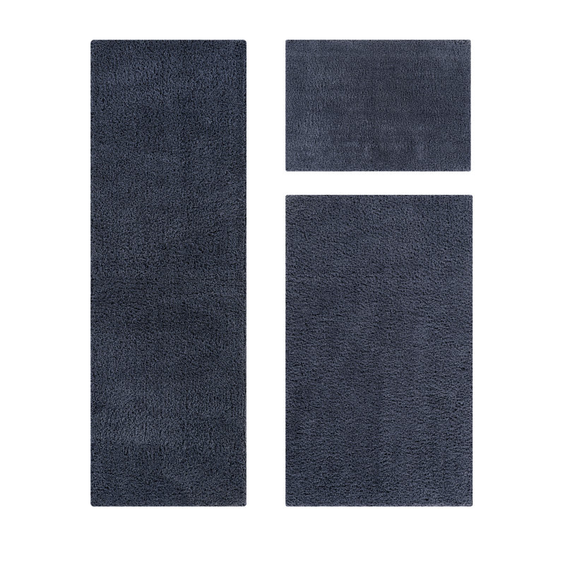 Loida Collection 100% Polyester Machine Washable 3 Piece Plush Bathroom Rug Set, Charcoal
