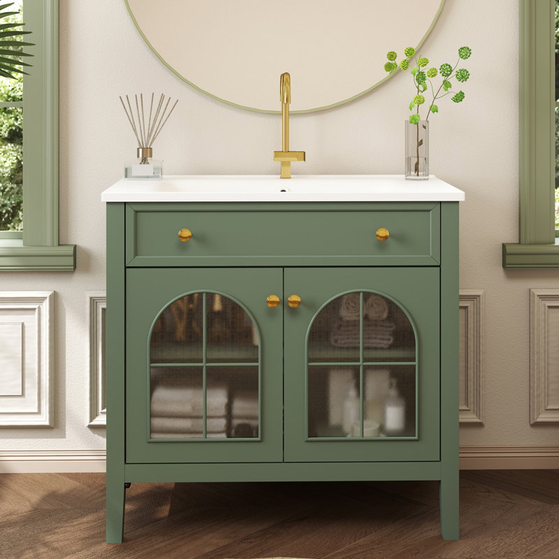 Meuble-lavabo autoportant de 36 po avec lavabo en céramique et capteur de mouvement, Vert
