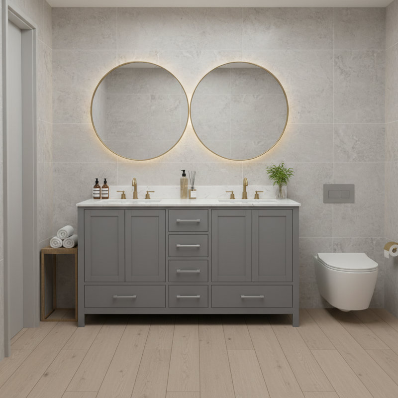 Ensemble de meuble-lavabo double 60 po gris avec rangement en bois massif et comptoir en marbre de culture blanc, Gris, 60"