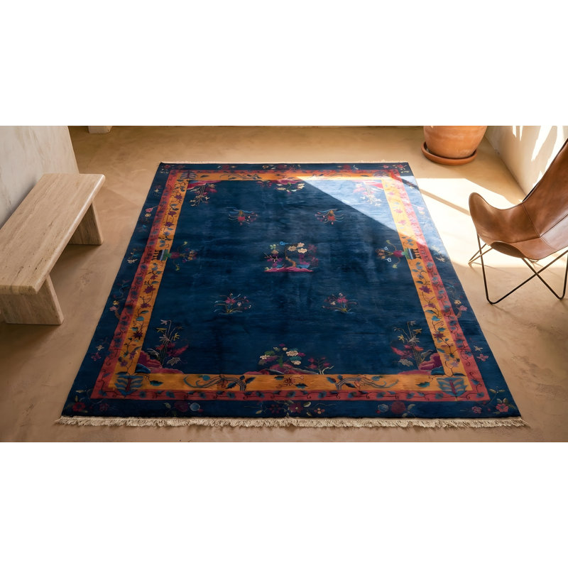Rectangle Wool Blue Hand Knotted Pile Floral Antique 1920s Rug