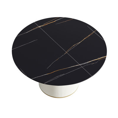 Table en pierre artificielle noire avec base en contreplaqué beige pour salle à manger - 6 pièces, structure chauffante ronde pour 6 personnes, surface facile à entretenir