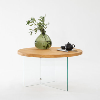 Modern Coffee Table with 100% Tempered Glass Top, 27.6 x 15.7 x 15.7 inches | Sturdy 100% MDF Frame in Elegant Oak Finish | Sleek Design for Living Room, Stylish & Functional Centerpiece