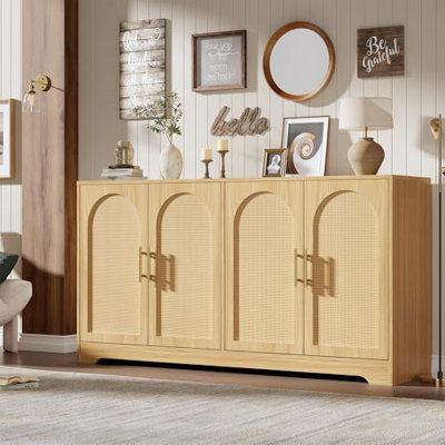 59” Sideboard Buffet Cabinet - Large Credenza Storage with 4 Rattan Doors, Modern Console Table Accent Coffee Bar Cabinet