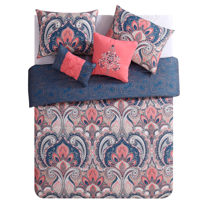Full Coral Microfiber Reversible Comforter Set with Decorative Pillows
