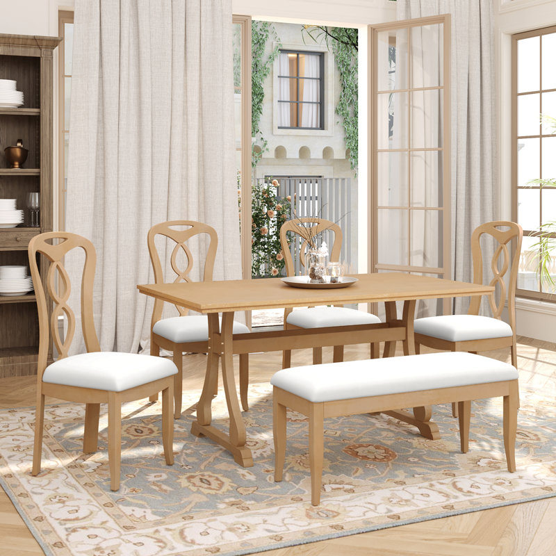 Ensemble de table de salle à manger Gleda avec sièges rembourrés, Naturel, Crème / naturel, 7