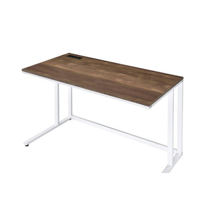 Bureau d'écriture rectangulaire avec port USB et prise intégrés, finition noyer et blanc, panneau de fibres à densité moyenne et structure en métal