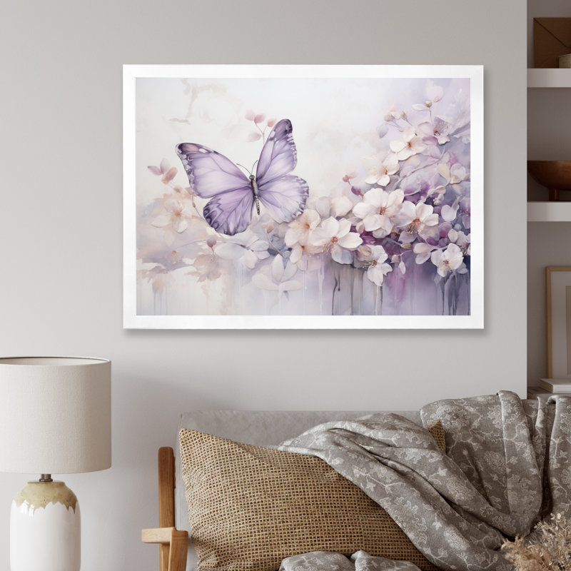 Papillon mauve en vol enchanté II - Art mural papillon, 24" H x 32" W, Cadre flottant noir