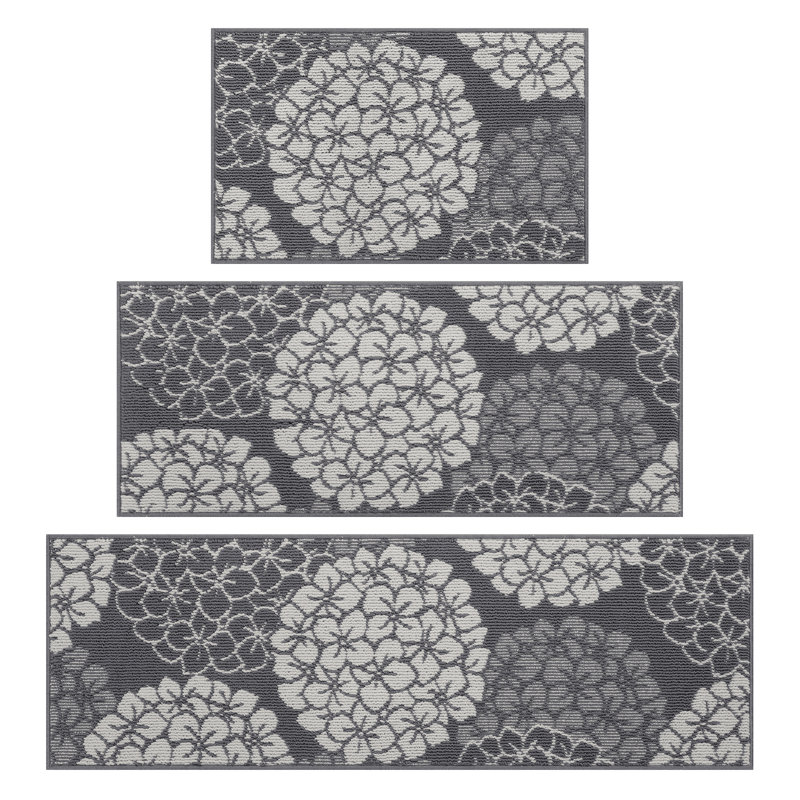 Hydrangea Wear-resistant Kitchen Mat Door Mat Washable Runner Rug (Set of 3), Gray