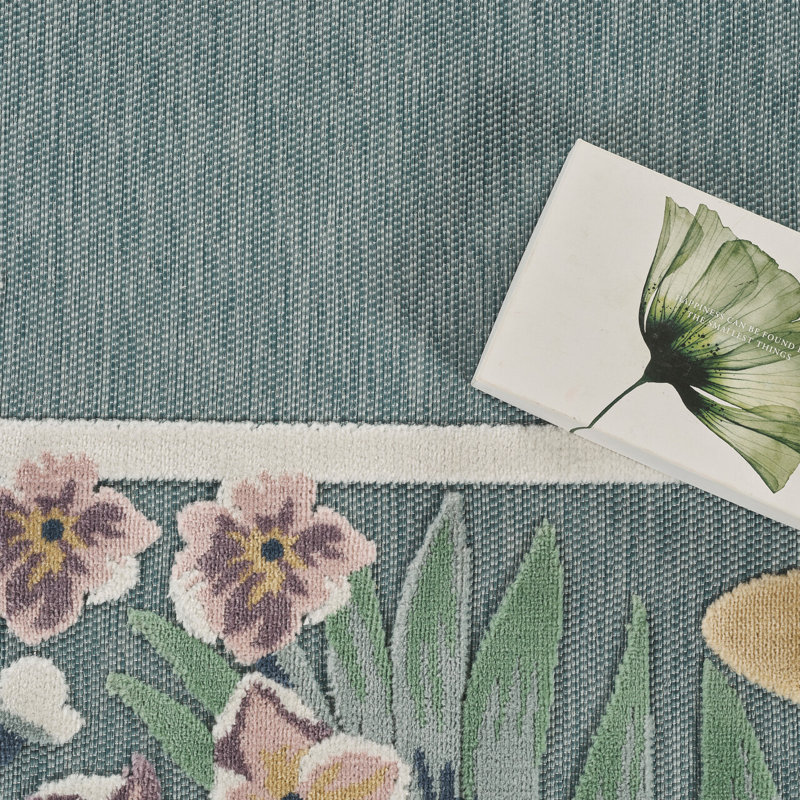 Abani Rugs Liburna Teal Garden Floral Border Indoor/Outdoor Area Rug, 4' x 6'