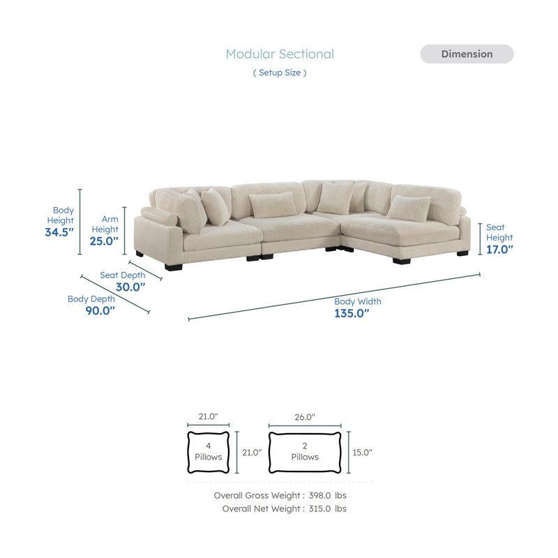 Brinsley 135”W Modern Track Arm Modular Sectional Sofa