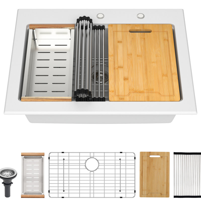 White Workstation 30X22" Kitchen Sink Drop - In, Granite Composite, Non Scratch, Quiet Operation, Reduces Dirt, Package With Bottom Grid And Cutting Board , Colander Installation Clips
