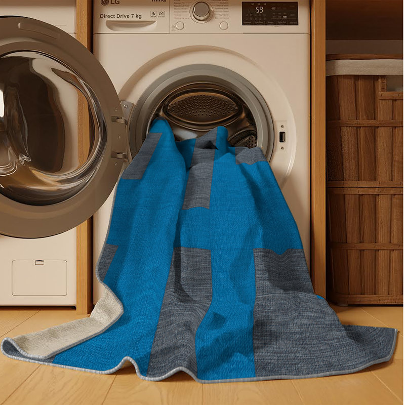 Tapis gris à carreaux lavable à la machine, Rond 8 pi